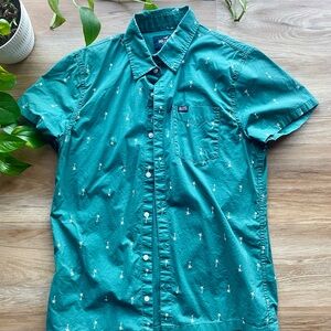 Hollister Teal Men's Casual Shirt with Palm Tree Pattern
